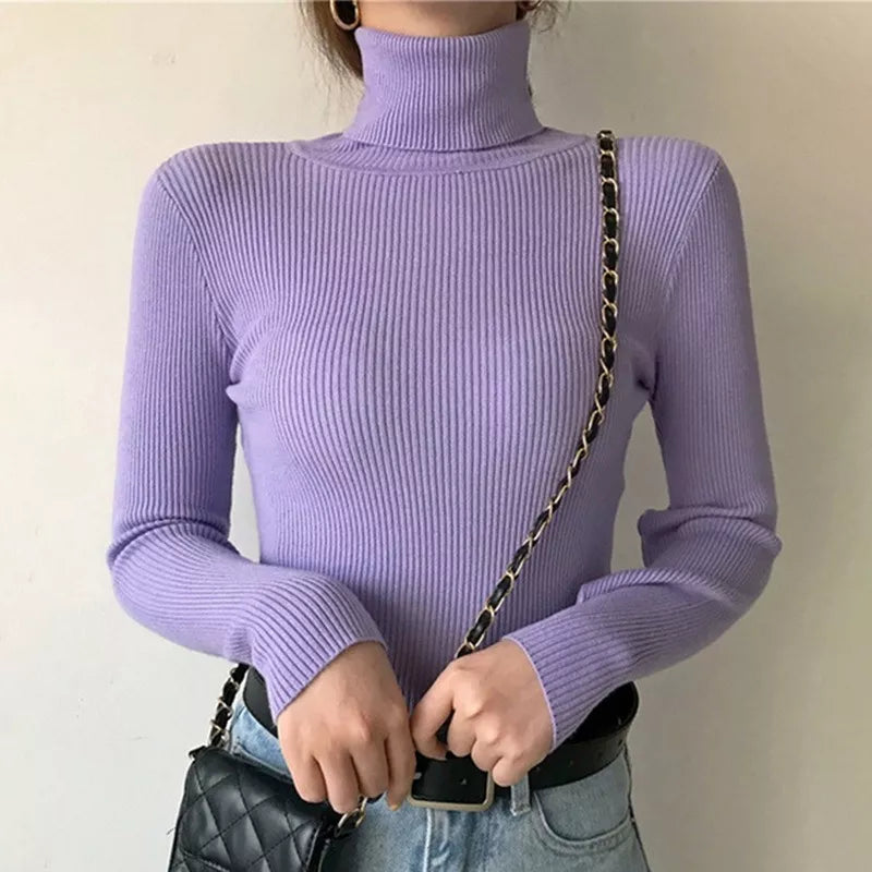 Winter Turtleneck Women's Sweater Knitted Pullover Soft Slim Long Sleeve Top Solid Color Basic High Neck Jumper Woman Clothing purple-High neck One Size(40-65kg)