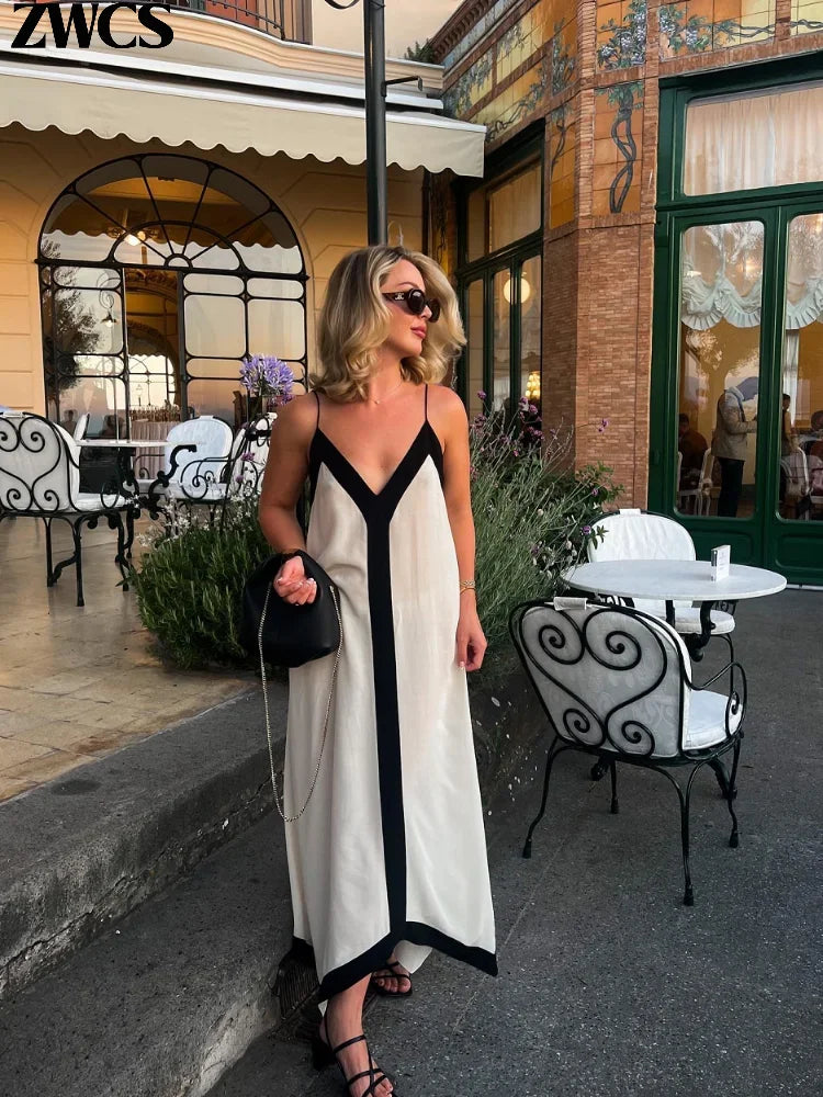 Sexy V-neck Sleeveless Dress Women Patchwork Contrast Color Loose Long Dresses Ladies Summer New Casual Backless Robes