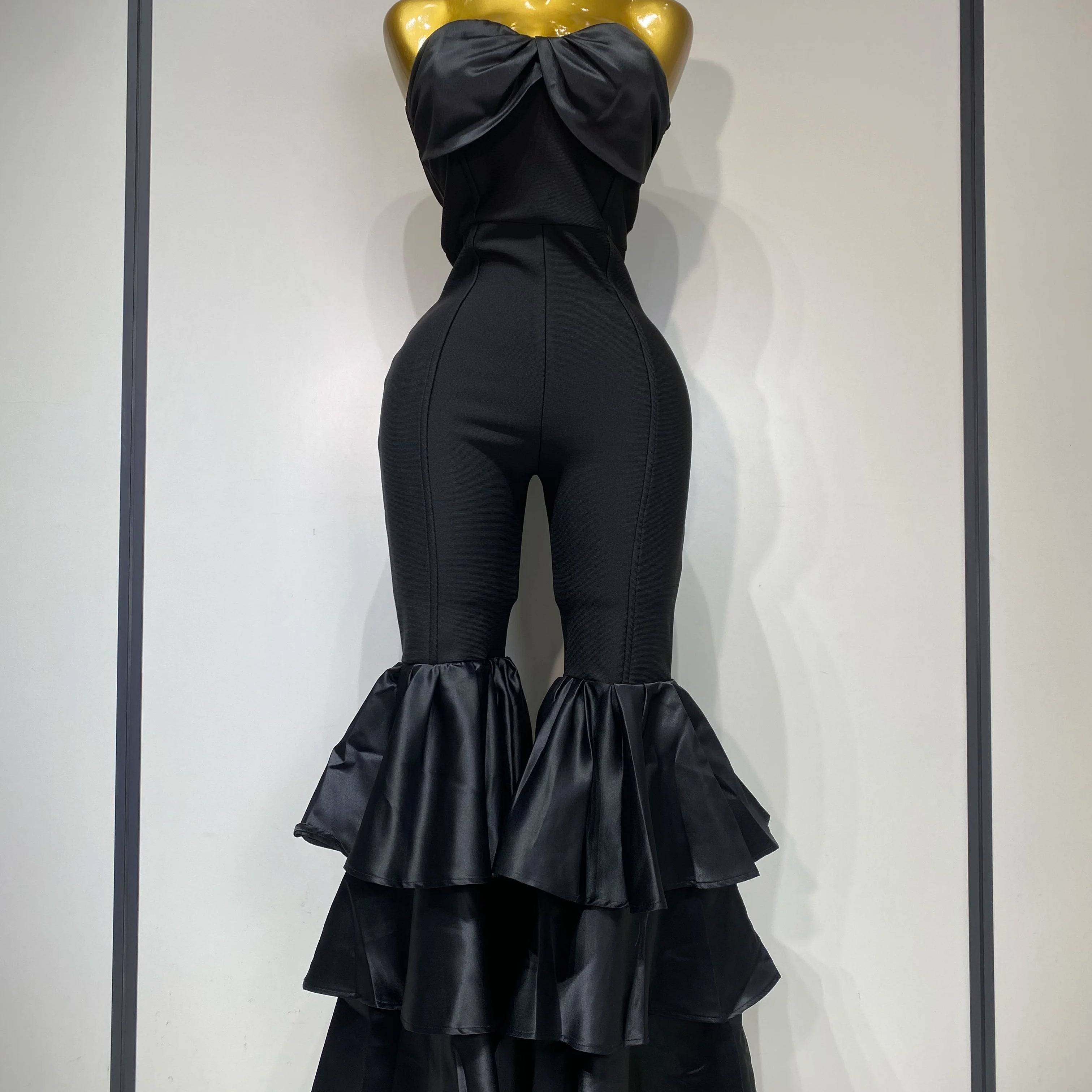 Women Luxury Birthday Sexy Strapless Ruffles Bodycon Flare Black Bandage Jumpsuit 2025 Celebrity Designer High Street Rompers