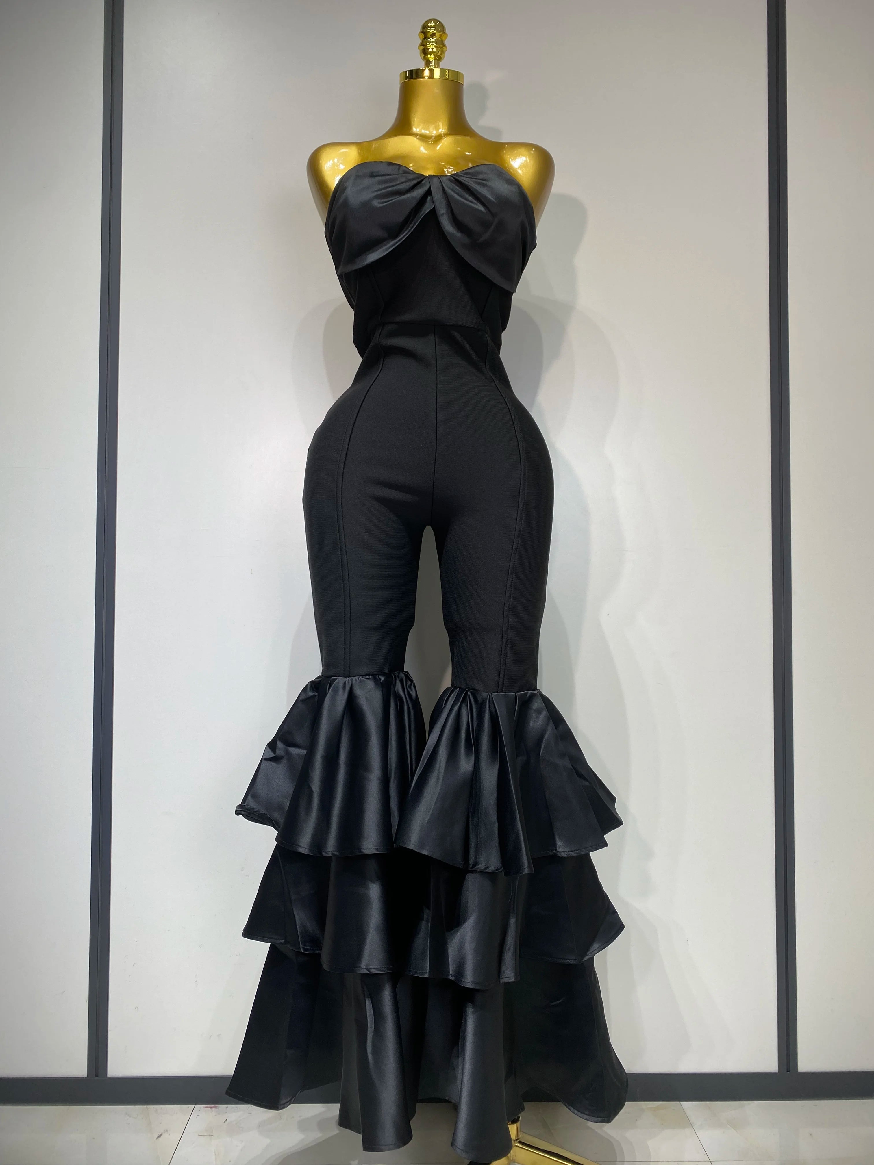 Women Luxury Birthday Sexy Strapless Ruffles Bodycon Flare Black Bandage Jumpsuit 2025 Celebrity Designer High Street Rompers