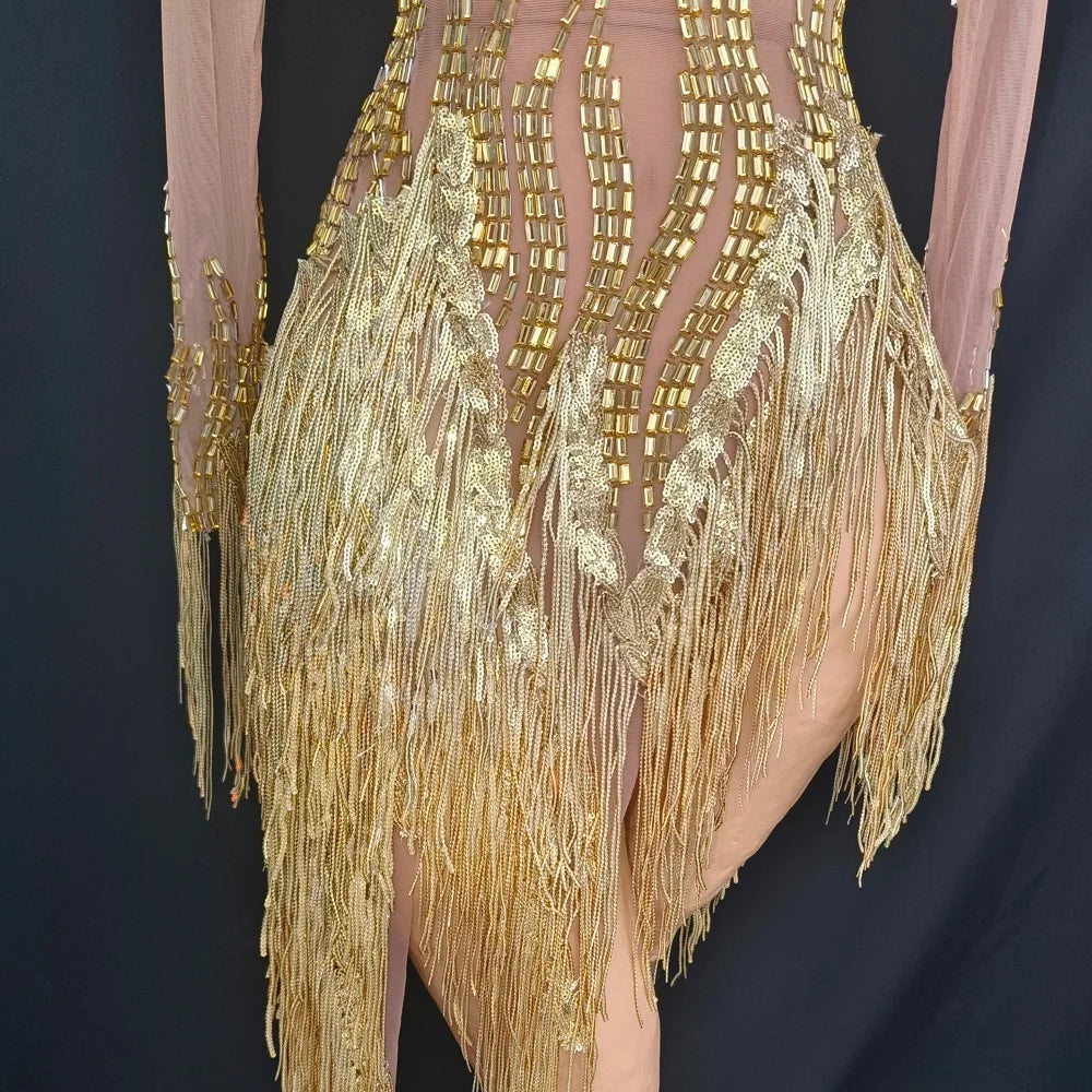 Women Sexy Mesh Gold Crystal Stretchy Night Club See Through Singer Dancer Tassel Stage Costume Mini Party Dress