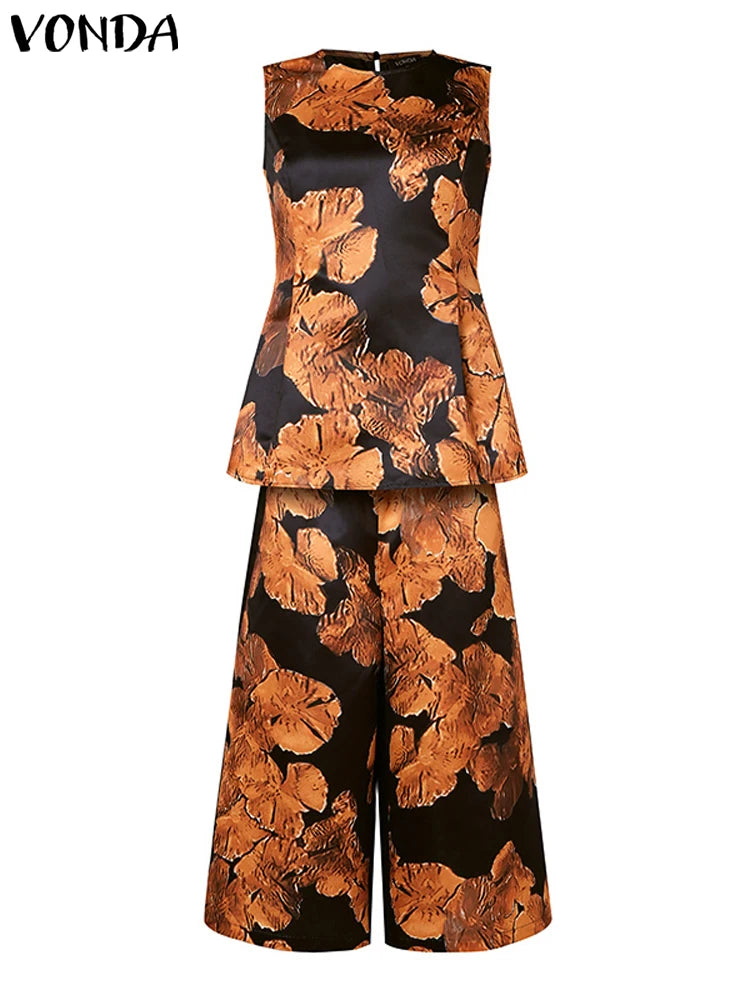 Plus Size 5XL VONDA Women Pant Sets Vintage Printed Sleeveless Satin Silk Tops and Elastic Waist Wide Leg Pants Sets 2pcs