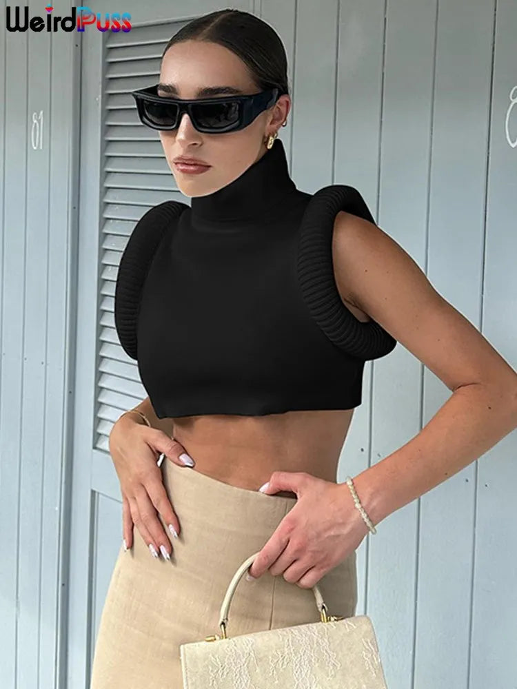 Weird Puss Feather Spliced Women Crop Tops Sleeveless Turtleneck Sexy Basic Vest Summer Hipsters High Street Y2K Rave Partywear black