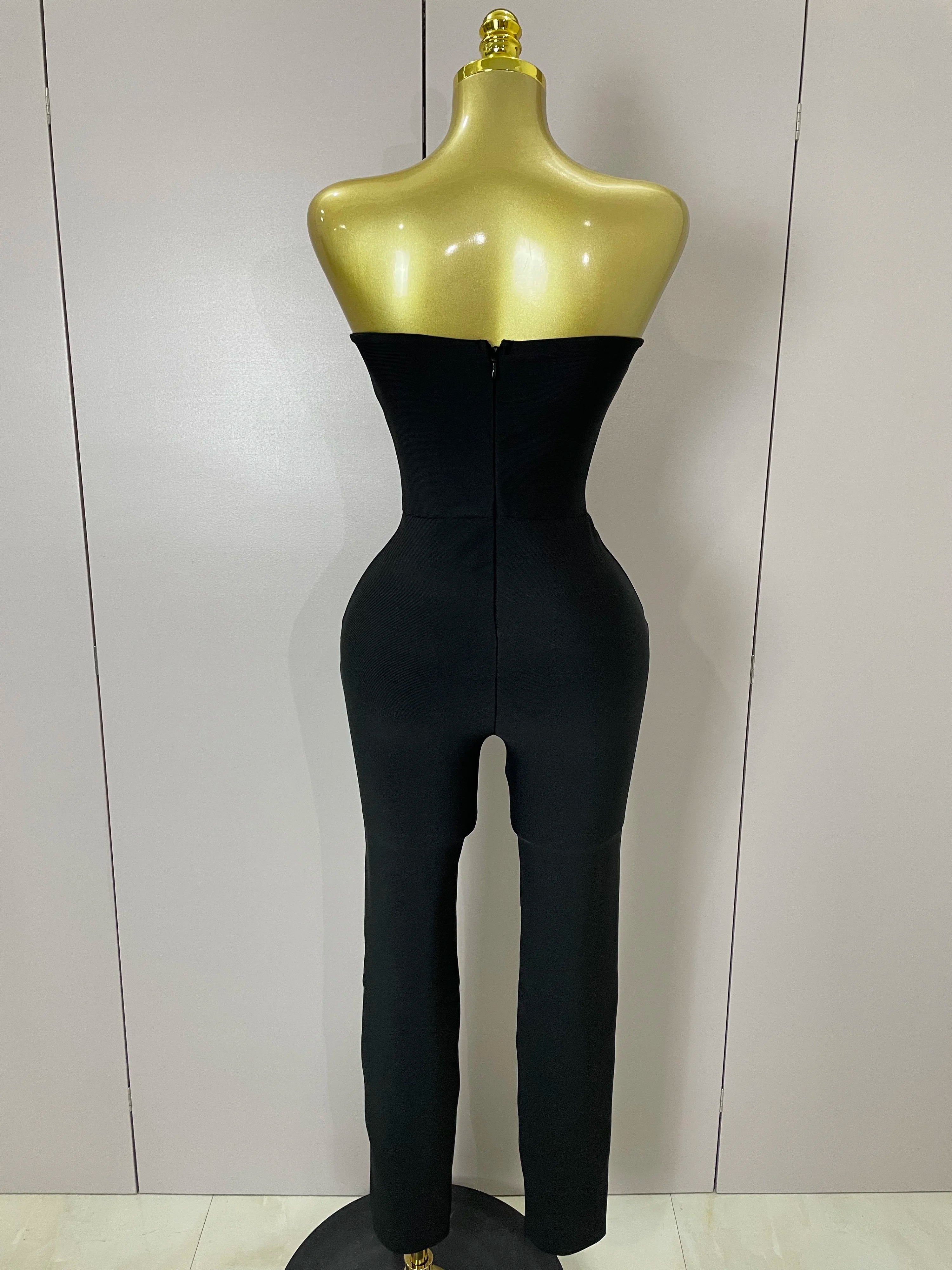 Luxury Sexy Strapless Backless Crystal Diamonds Black Bodycon Bandage Jumpsuit 2025 Women Celebrity Designer High Street Rompers