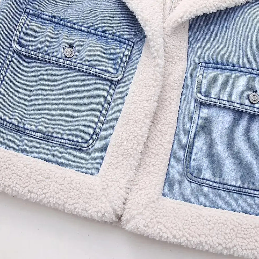 Women Fashion Turn Down Collar Lamb PatchworkWashed Denim Vest Jacket Female Sleeveless Pockets WaistCoat Tops