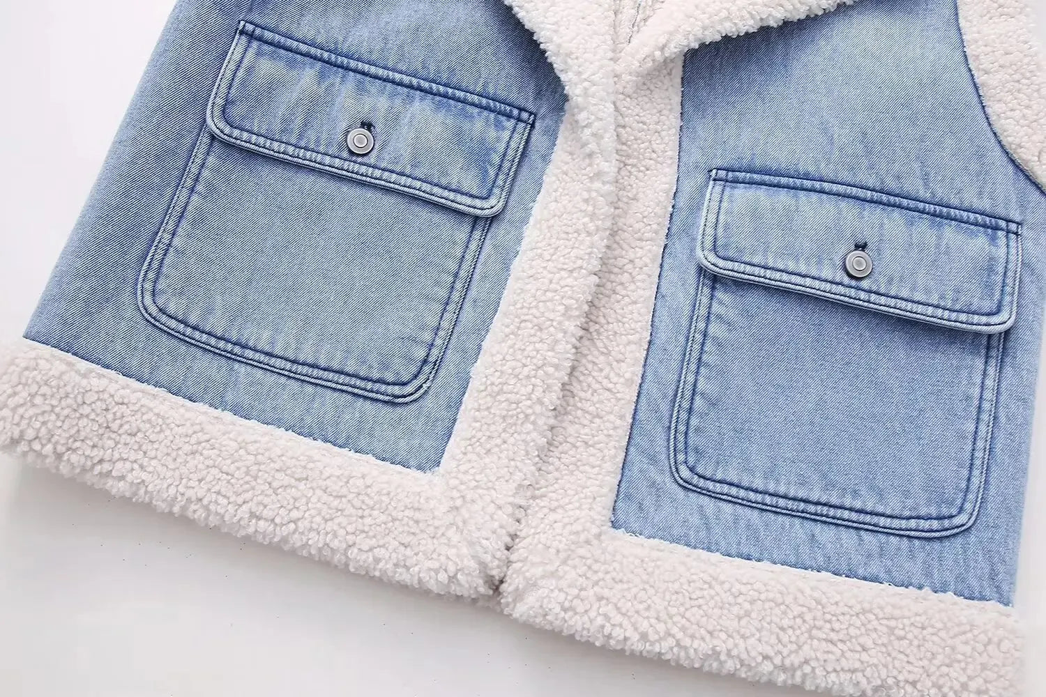 Women Fashion Turn Down Collar Lamb PatchworkWashed Denim Vest Jacket Female Sleeveless Pockets WaistCoat Tops