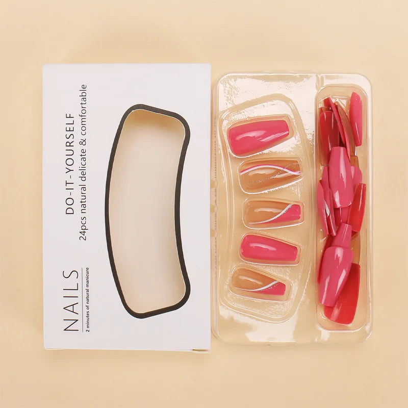 24pcs Rose Red Silver Powder Stripes Almond French Style Press on Nails Pink 3D Fake Nails Full Cover Wearable False Nails