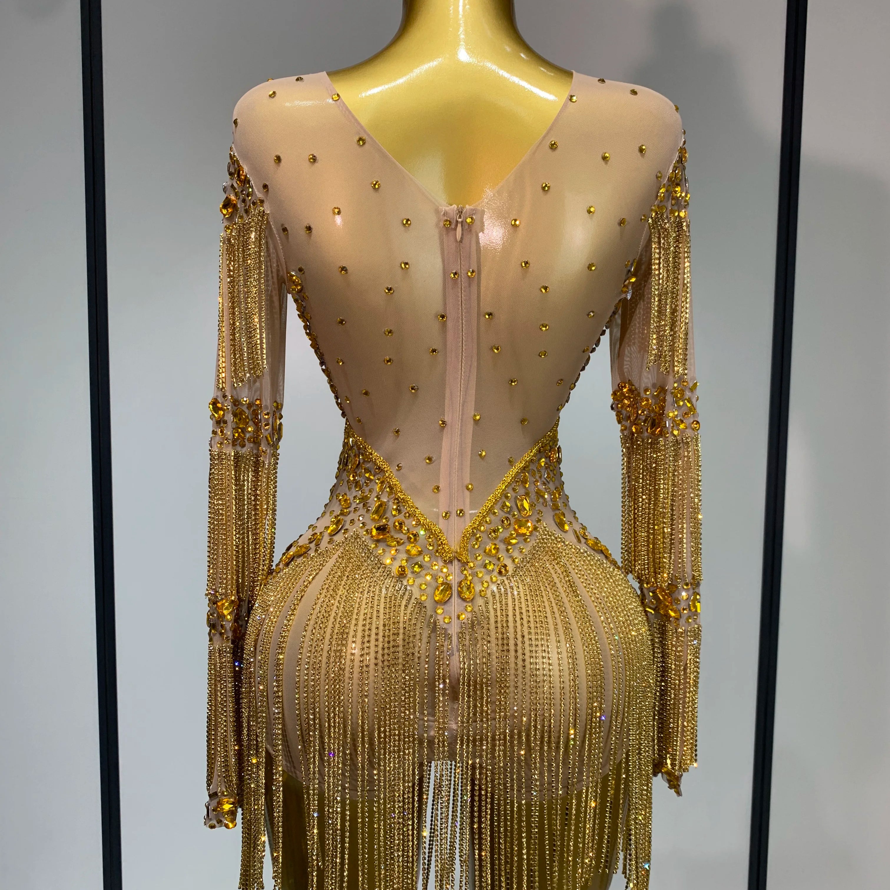 Luxury Birthday Evening Party Gown Sparkly Rhinestone Bodysuit Women Sexy Mesh See Through Performance Dance Stage Costume