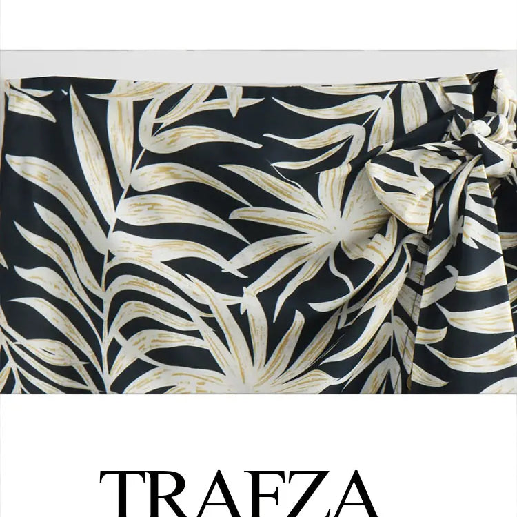 TRAFZA Women's Zipper Short Skirt Street Clothing Unique Tassel Pendant Elegant Women's Summer Retro Print Asymmetric Mini Skirt