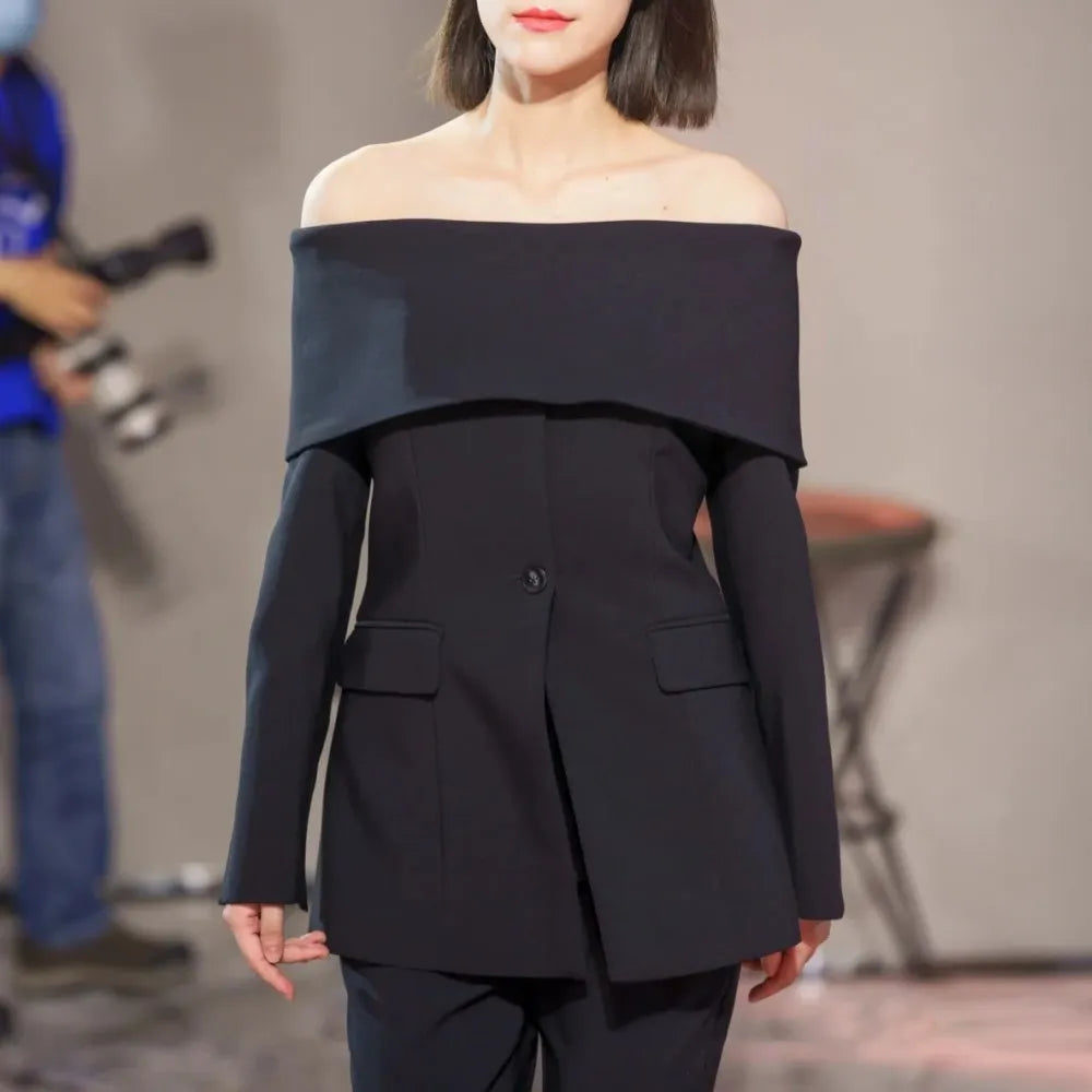 TWOTWINSTYLE Solid Temperament Blazers For Women Slash Neck Long Sleeve Patchwork Pocket Minimalist Slim Blazer Female Fashion