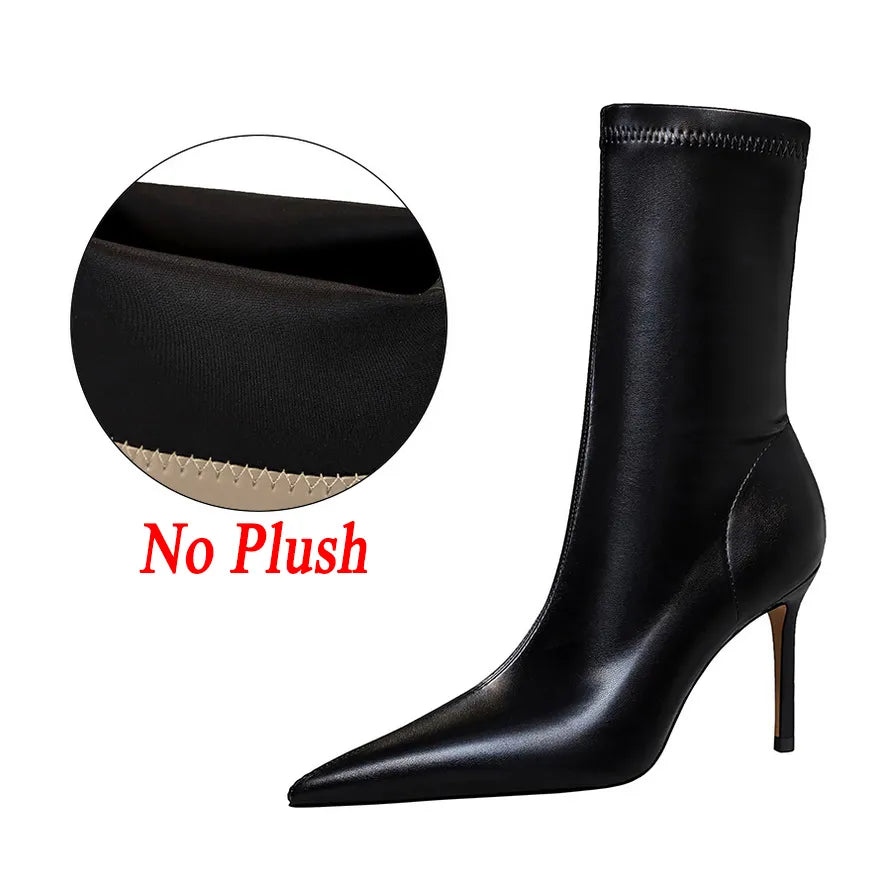 Women 7.5cm 10cm High Heels Leather Boots Lady Low Heels Short Ankle Boots Stripper Winter Warm Snow Plush Pointed Toe Shoes Black-8cm