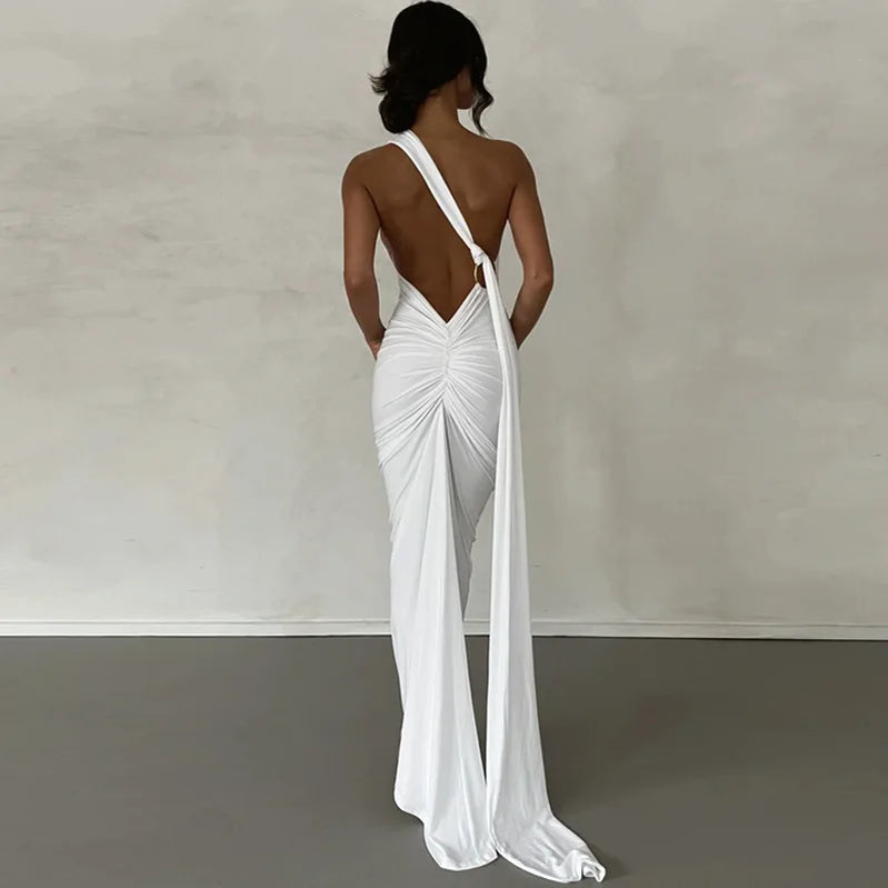 2023 New Fashion Elegant Maxi Dress for Women Sexy One Shoulder Bodycon Slim Pleated Solid Backless Dresses Party Club Clothes 1 white
