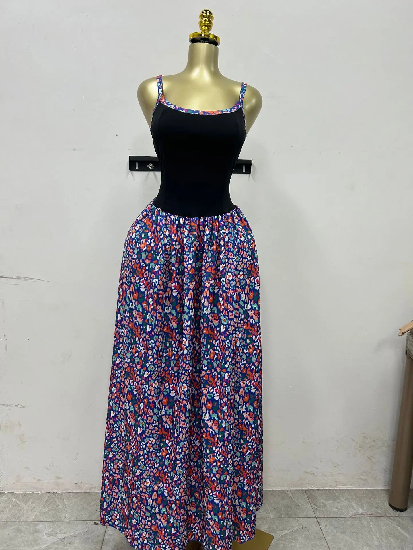 CM.YAYA Women Floral Printed Patchwork Strap Tank Maxi Long Dress 2025 Summer Beach Birthday Sexy Club Party Evening Dresses black