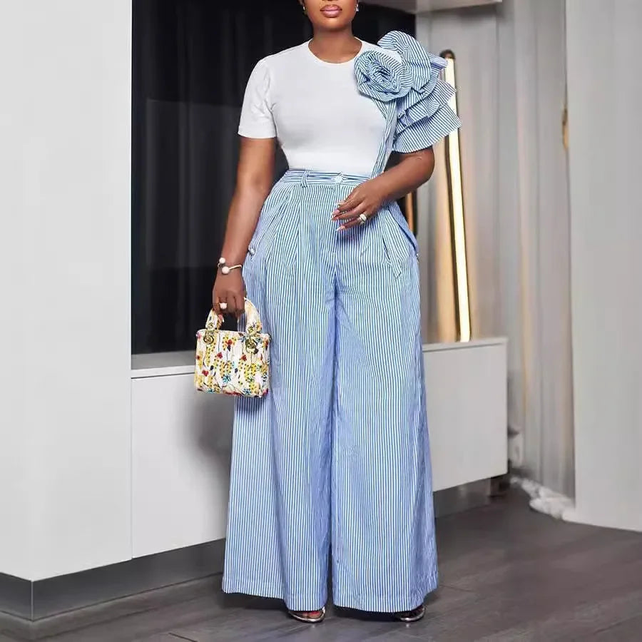 CM.YAYA Street Women's Set Short Sleeve T-shirt and Striped Floral Splicing Romper Wide Leg Pants Elegant Two 2-Piece Set Outfit