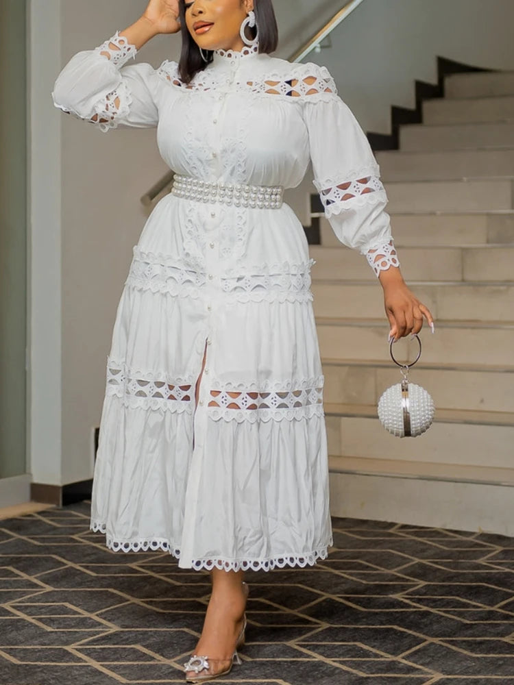 Elegant Women Hollow Out Lace Splice Mock Neck Lantern Long Sleeve Midi Dress with Belt Casual Party Club Outfits Plus Size white