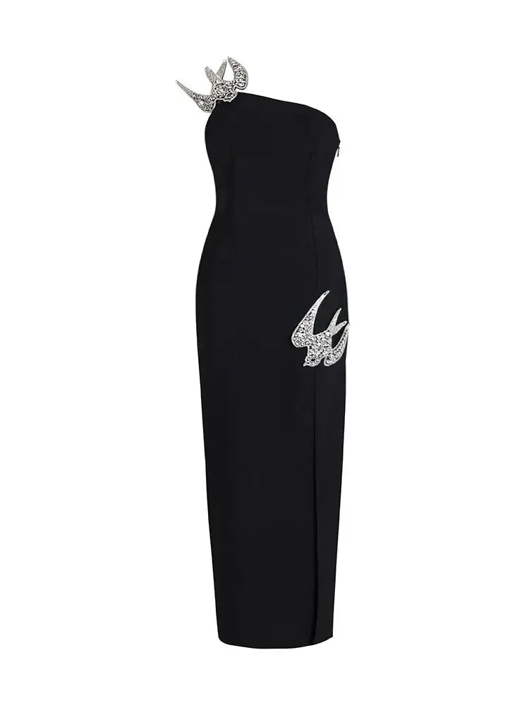 Ailigou New Women's Sexy One Shoulder Sleeveless Diamond Split Thigh Long Bandage Dress Elegant Celebrity Party Dress