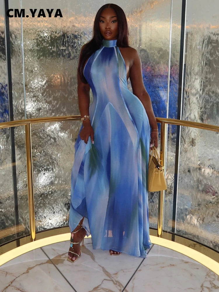 CM.YAYA Women Gradient Print O-Neck Sleeveless Bodycon Long Dress 2025 Summer Holiday Birthday Evening Beach Sexy Party Dresses