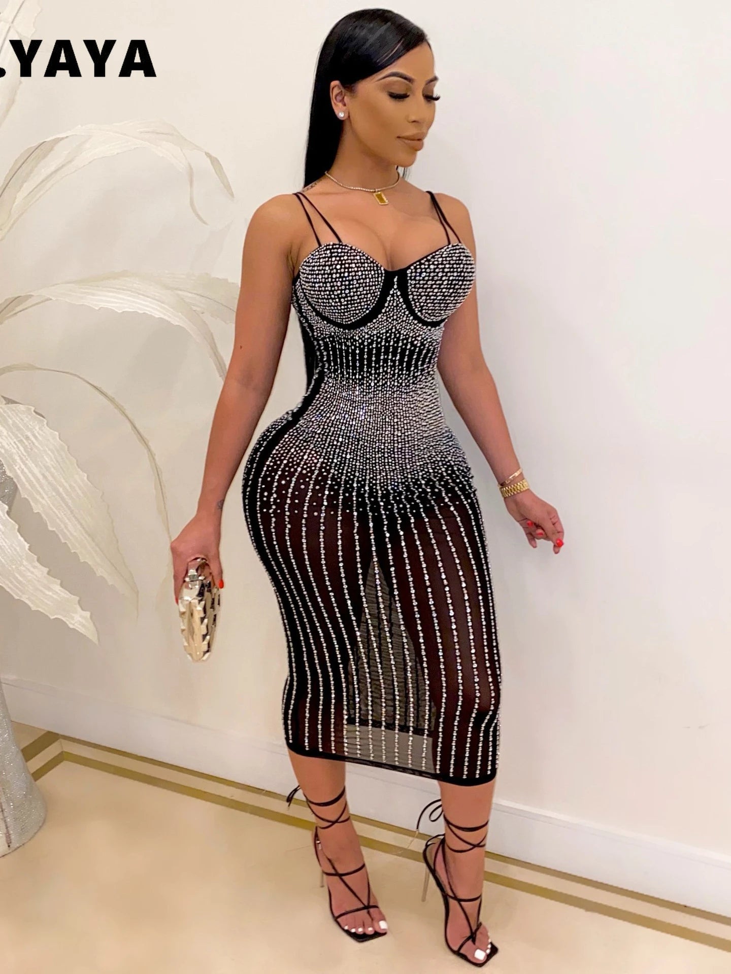 CM.YAYA Mesh See Though Hot Rhinestones Plunging V-neck Midi Bodycon Dress Women Sexy Club Party Dresses Pencil Vestidos