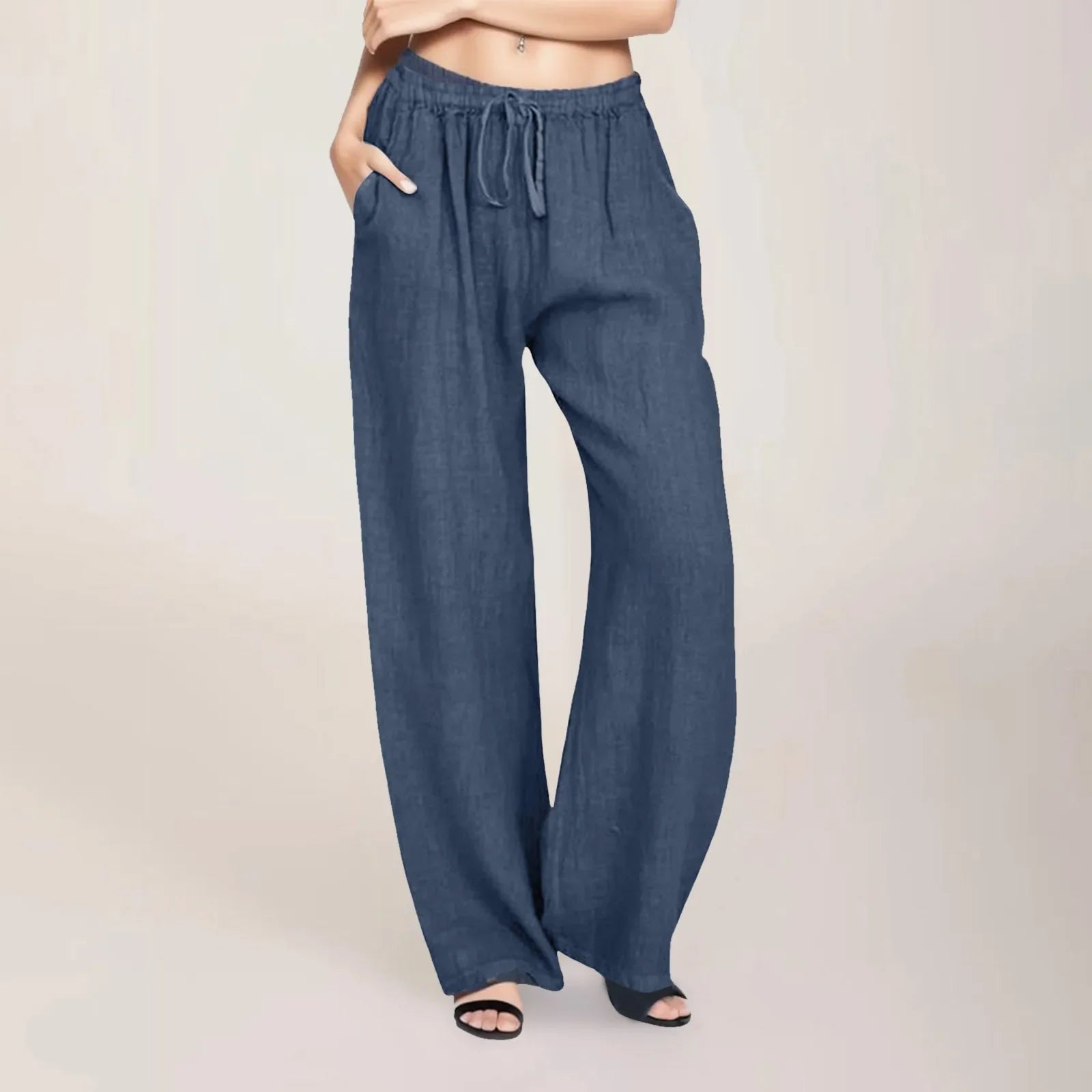 Ladies Casual Solid Color Pants Drawstring Cotton Linen Loose Yoga Sports Fitness Trousers Womens Baggy Pants Navy CN