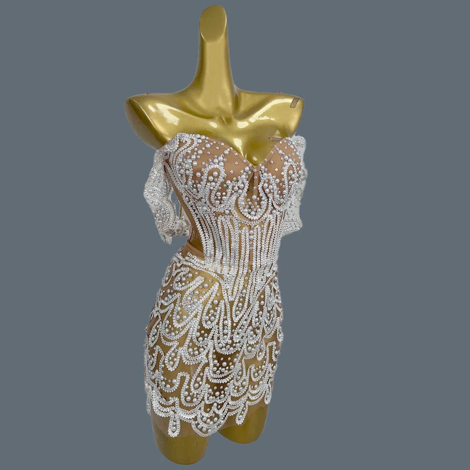 Sparkly Sequins White Pearl Strapless Top Skirt Two Pieces Set Hot Girls Birthday Party Dress Up Nightclub Dance Outfits Lurong