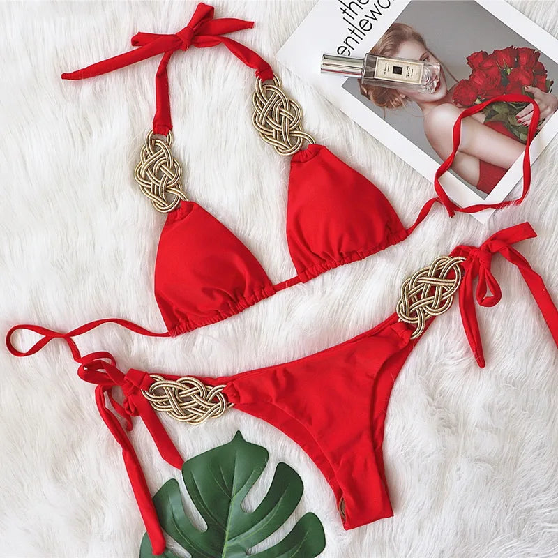 Sexy Hand Knitted Bikini Push Up Swimwear Women Brazilian Bikini Swimsuit Halter Biquini Two Pieces Bathing Suit