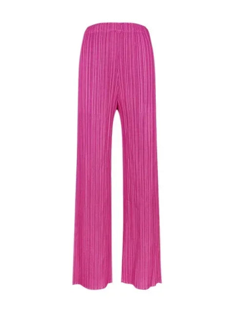 Spring Summer Autumn Women Casual Elegant Ladies Miyake Designer Casual Loose Straight Pleated Pants High Waist Trousers Fuchsia One Size