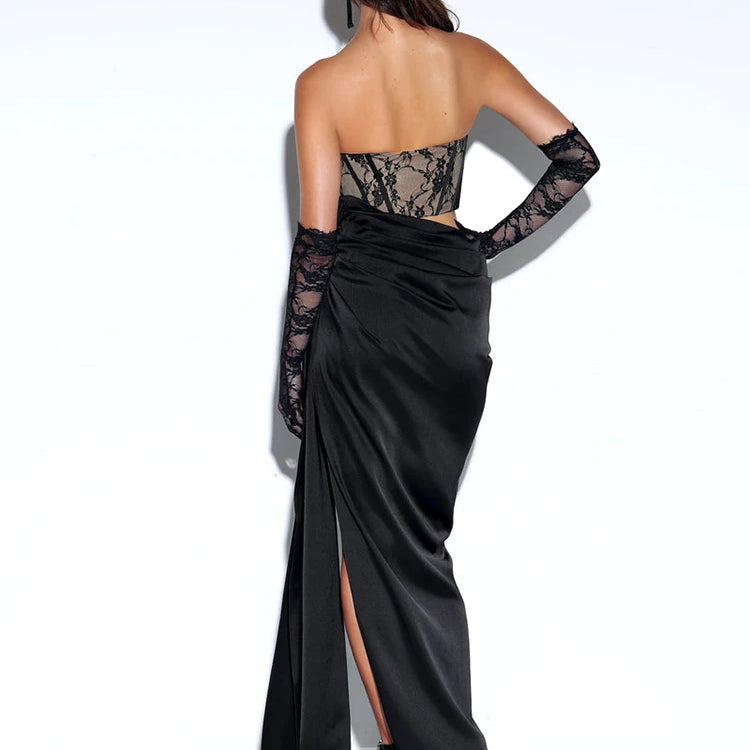 VC Cocktail Party Dress Women Sexy High Split Evening Clubwear Strapless Lace Patchwork Satin Long Dress Vestidos