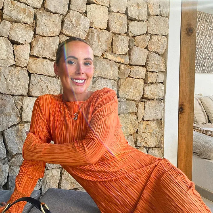 Hawthaw Women Fashion Long Sleeve Streetwear Bodycon Orange Midi Dress 2022 Autumn Clothes Wholesale Items For Business