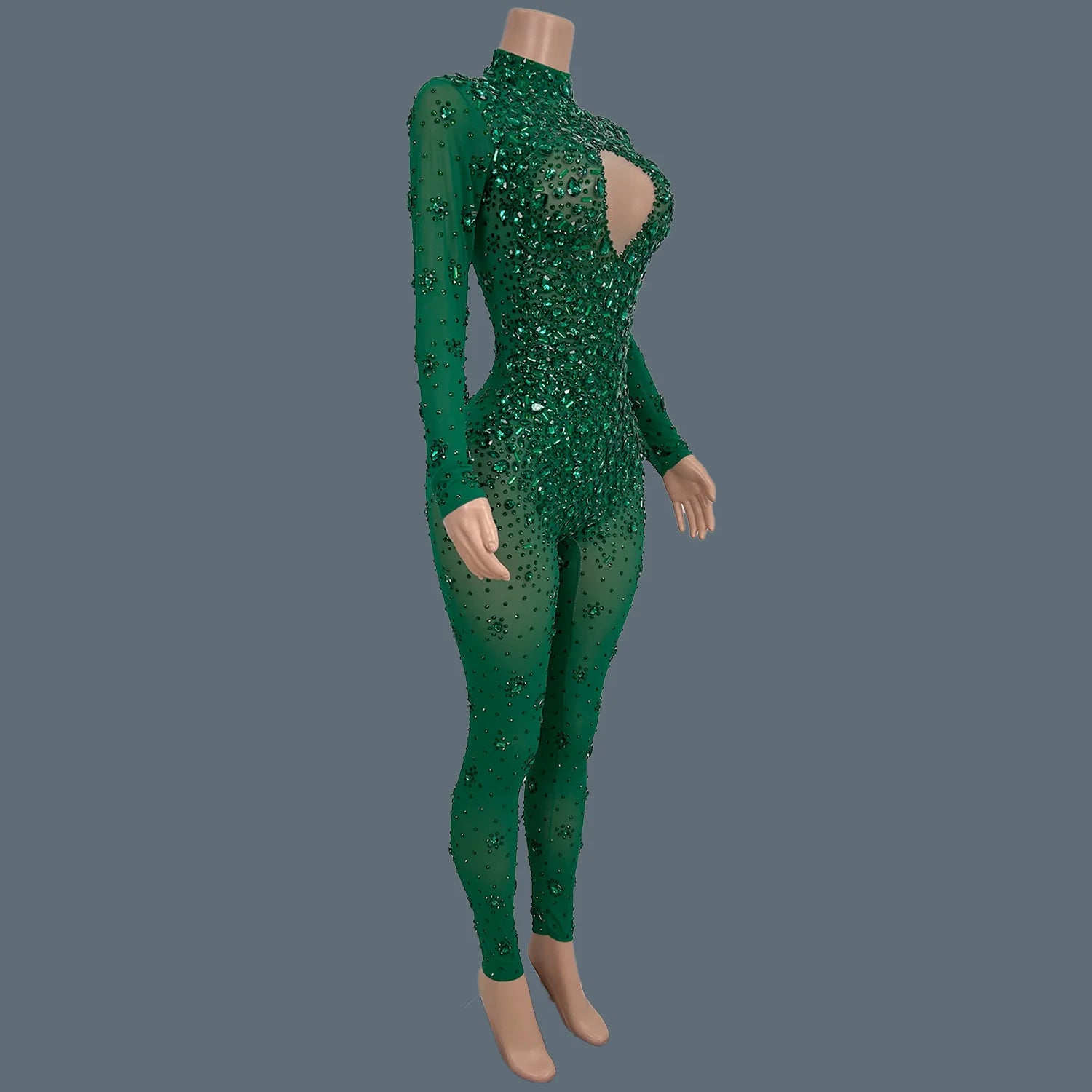 Sparkly Rhinestone See Through Mesh Tight Fitting Jumpsuit Women Night Party Outfit Female Singer Stage Performance Wear Cuican