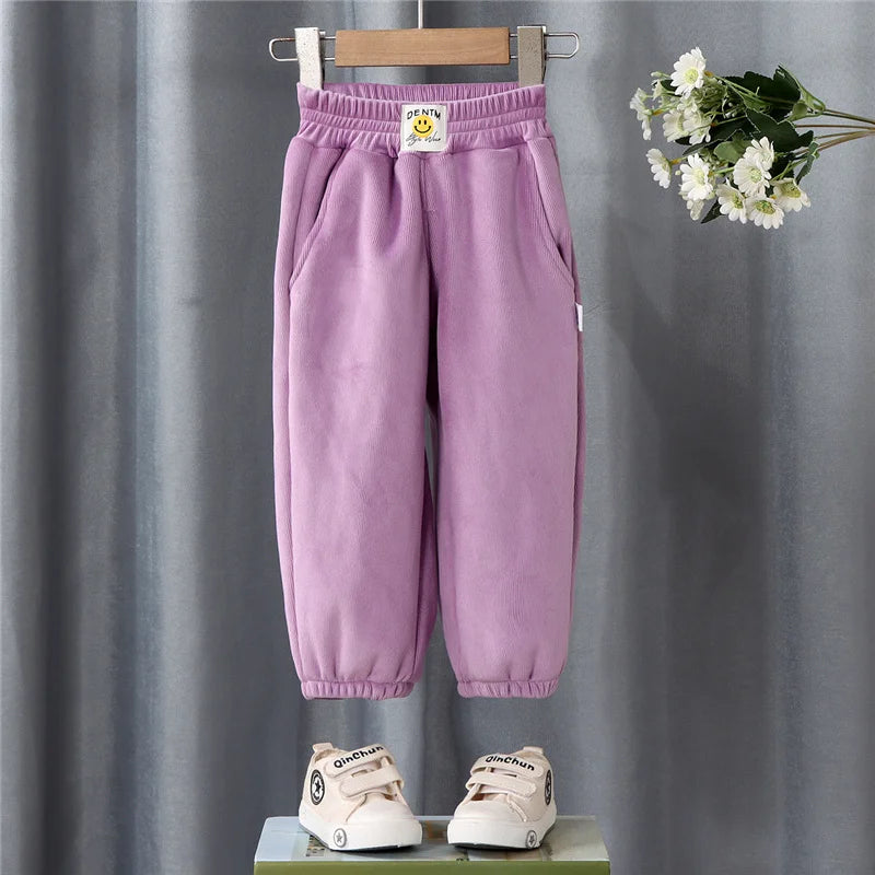 Winter Boys Thick Pants Kids Plus Velvet Warm Trousers Children Padded Cotton Long Pants Autumn Casual Sports Pants 2-12Y Purple