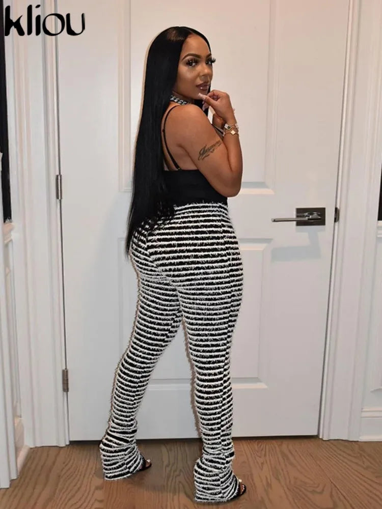 Panelled Stacked Pants Women Autumn Casual Fluffy Slight Stretch Knitted Trousers Girl Hipster Classic All-matched Bottoms