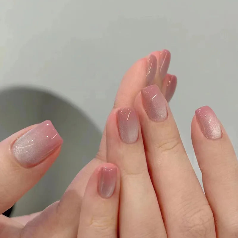 24Pcs  Gradient Color Fake Nail Simple Short Ballet Wearable False Nails with Cat Eye Design Press on Nails Full Cover Nail Tips