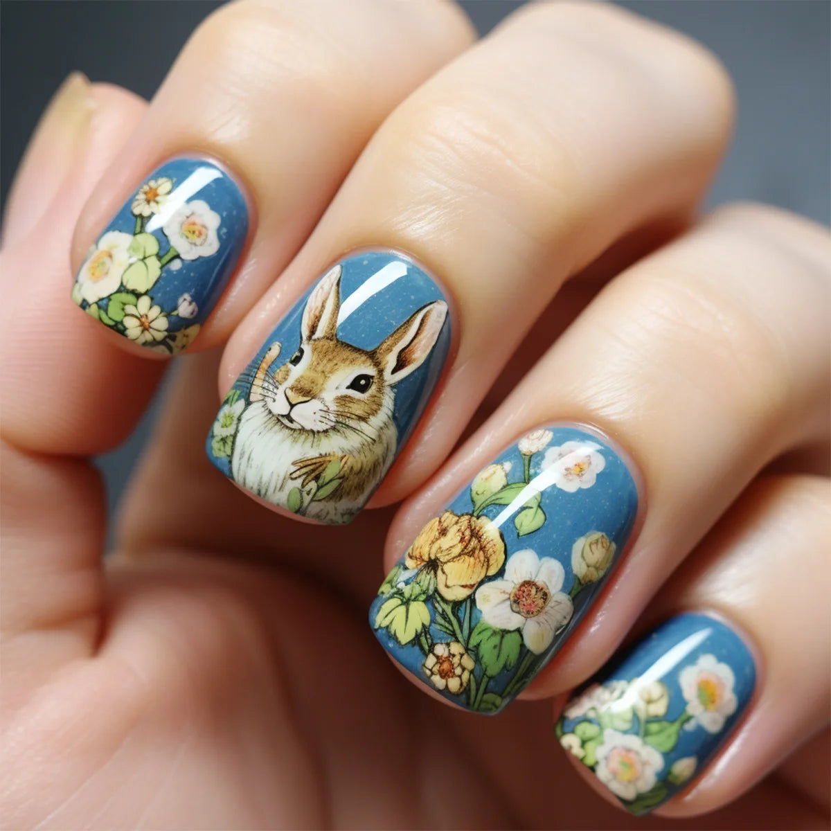24pcs Easter Cute Rabbit Press On Nails Spring Daisy Flower Design Fake Nail Tips for Girl Women Wearable Short Cute False Nails