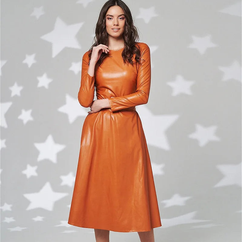 Fashion Belt Faux Leather Dresses Women Long Sleeve Slim Fit PU Dress Sexy Club Wear Autumn Winter Orange
