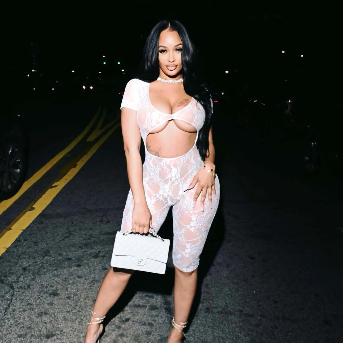 CM.YAYA 2024 Spring Short Sleeve Backless Women Lace Hollow Out Casual Rompers Playsuit Short Jumpsuits V-neck One Piece Outfits