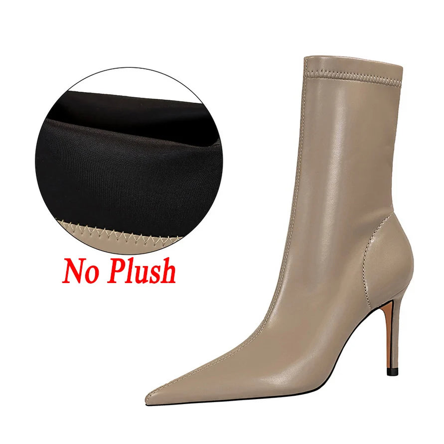 Women Leather 7.5cm 9.5cm High Heels Boots Lady Brown Spring Winter Warm Pointed Toe Boots Fetish Booties Nightclub Party Shoes 7.5cm Khaki