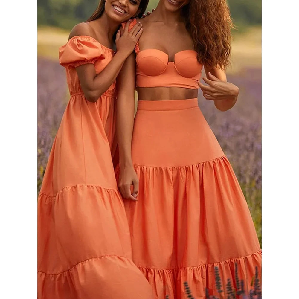 Sling Ruffle Solid Color Bikinis Beach Dress 2023 Orange Pleated Romantic French Swimsuits Women Luxury Split Swimwear Beachwear