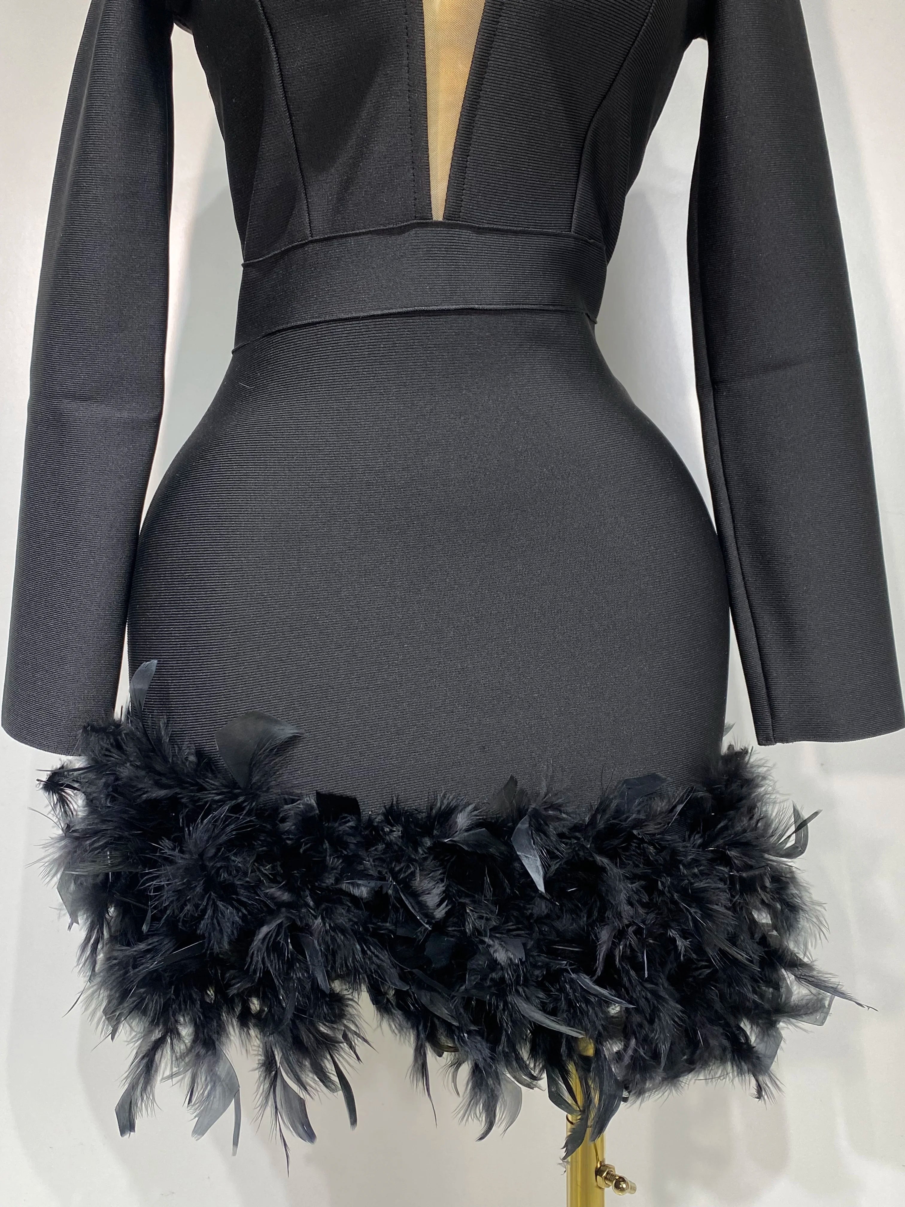 Women Fashion Sexy V Neck Long Sleeve Black Feather Mini Bodycon Bandage Dress Elegant Evening Club Birthday Party Dress