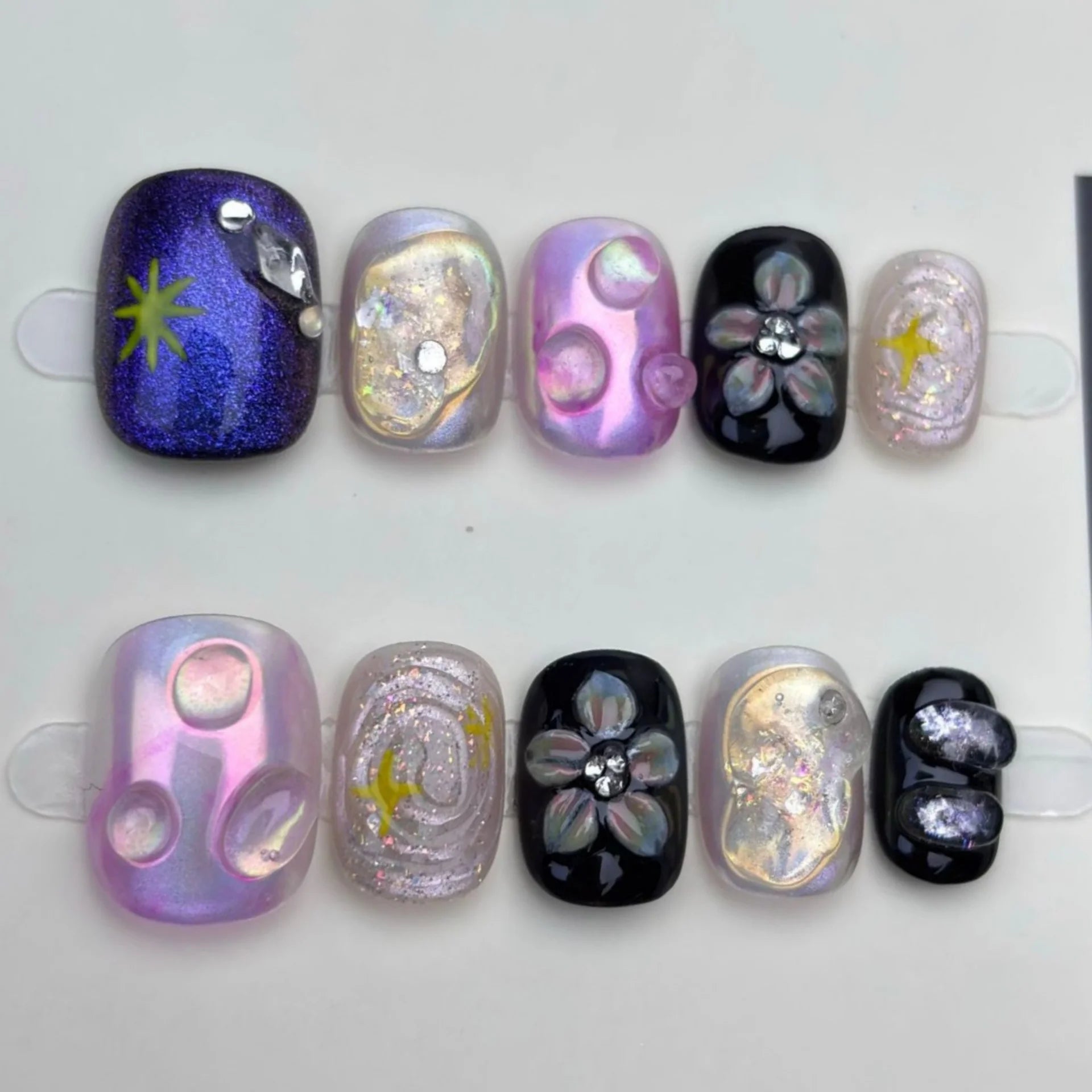 10pcs Wearable Handmade False Nail Purple Cat's Eye Short Square Round Nails Sets Press on Rhinestone Glitter Smudge Fake Nails