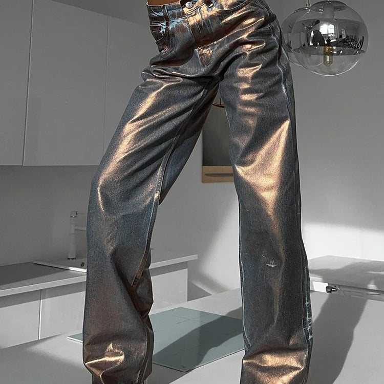 Colorblock Patchwork Pocket Jeans For Women High Waist Spliced Button Streetwear Straight Pants Female Fashion New Blue