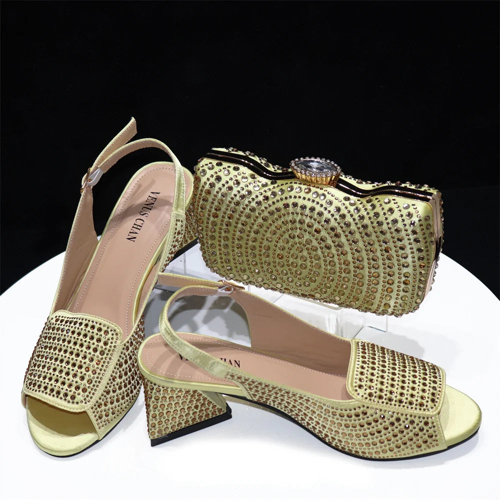 Red Color Platform Design Rhinestone Decoration Party Wedding Women Shoes and Bag Gold
