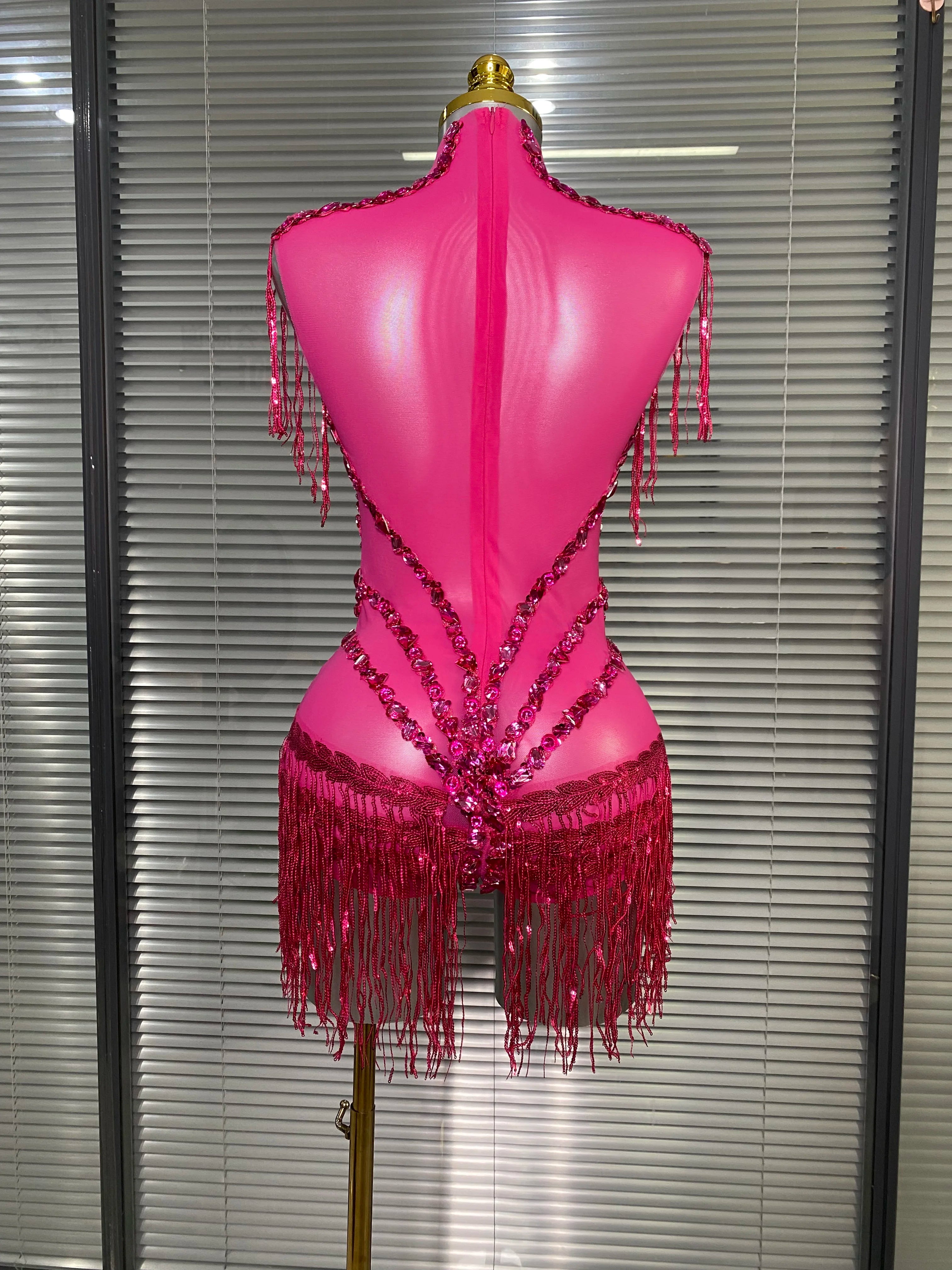 Women Sexy Tassel Crystal Diamonds Stretchy Night Club See Through Singer Dancer Stage Costume Hot Pink Party Bodysuit