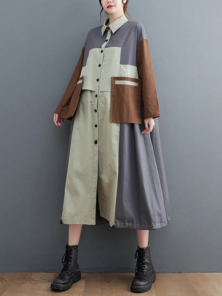 Patchwork Shirt Dresses For Women's Autumn Spring Minority Y2k Contrast big size Dress With Long Sleeve