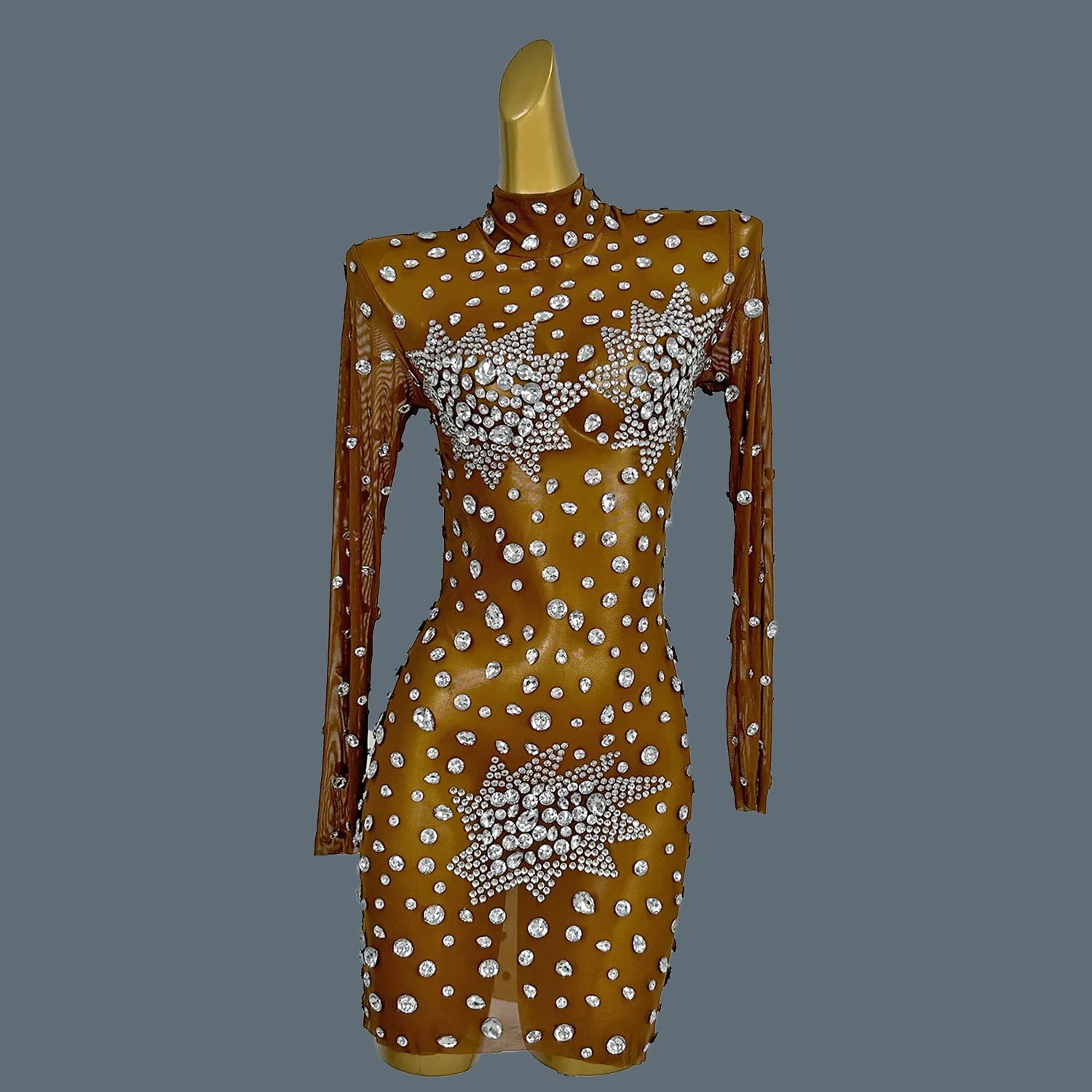 Sparkly Gold Rhinestones Stretch Short Dress for Women Summer Sexy Mesh Celebrate Evening Birthday Dress Photo Shoot Wear Guibin