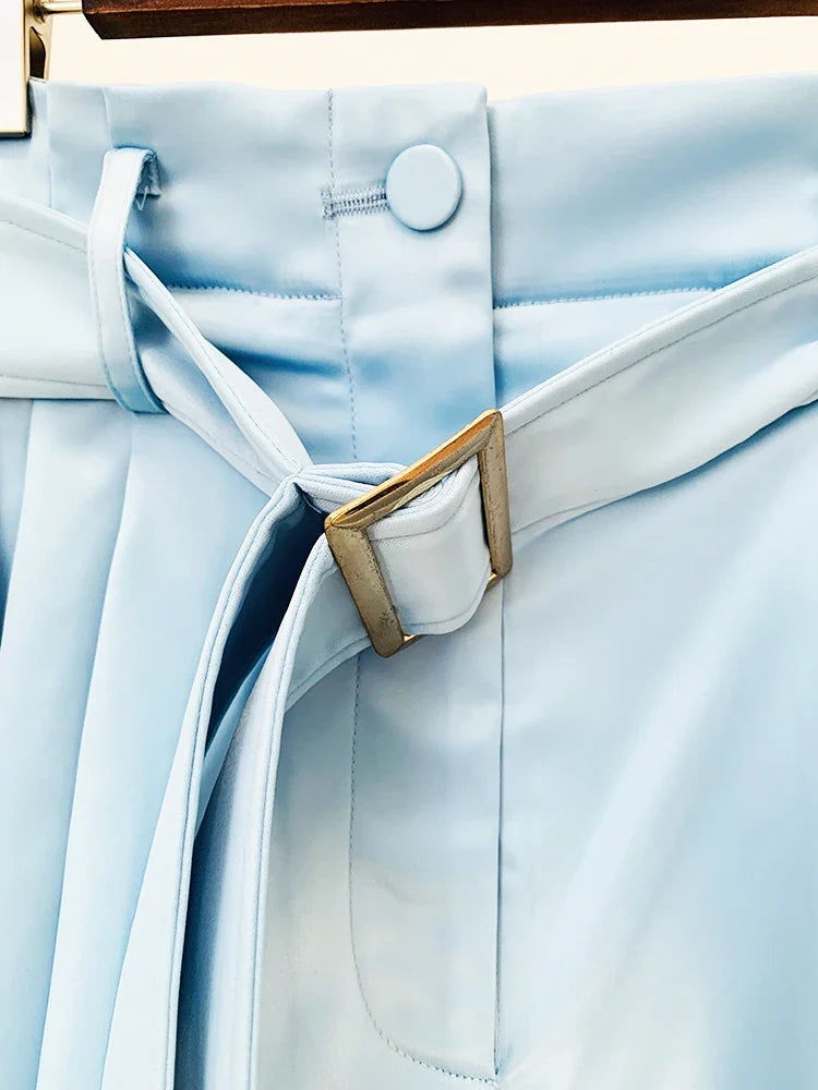 HIGH STREET Newest Fashion Designer Runway Suit Set Women's Satin Crop Blazer Jacket Belted Shorts Set 2pcs