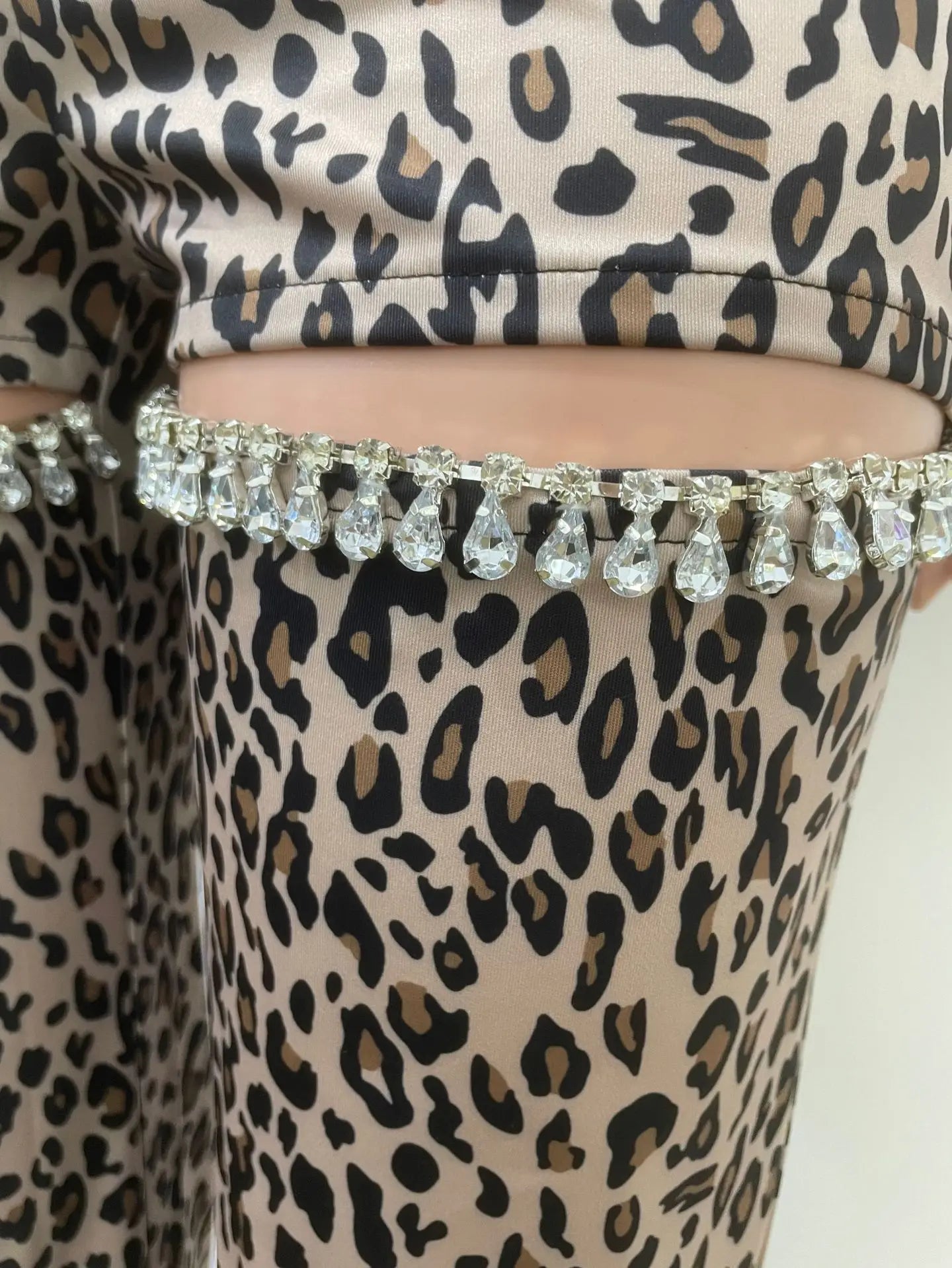 CM.YAYA Women Cutout Diamonds Crystal Hollow Out Straight Pants 2024 Fall Winter Leopard Print  High Waist Wide Leg Trousers