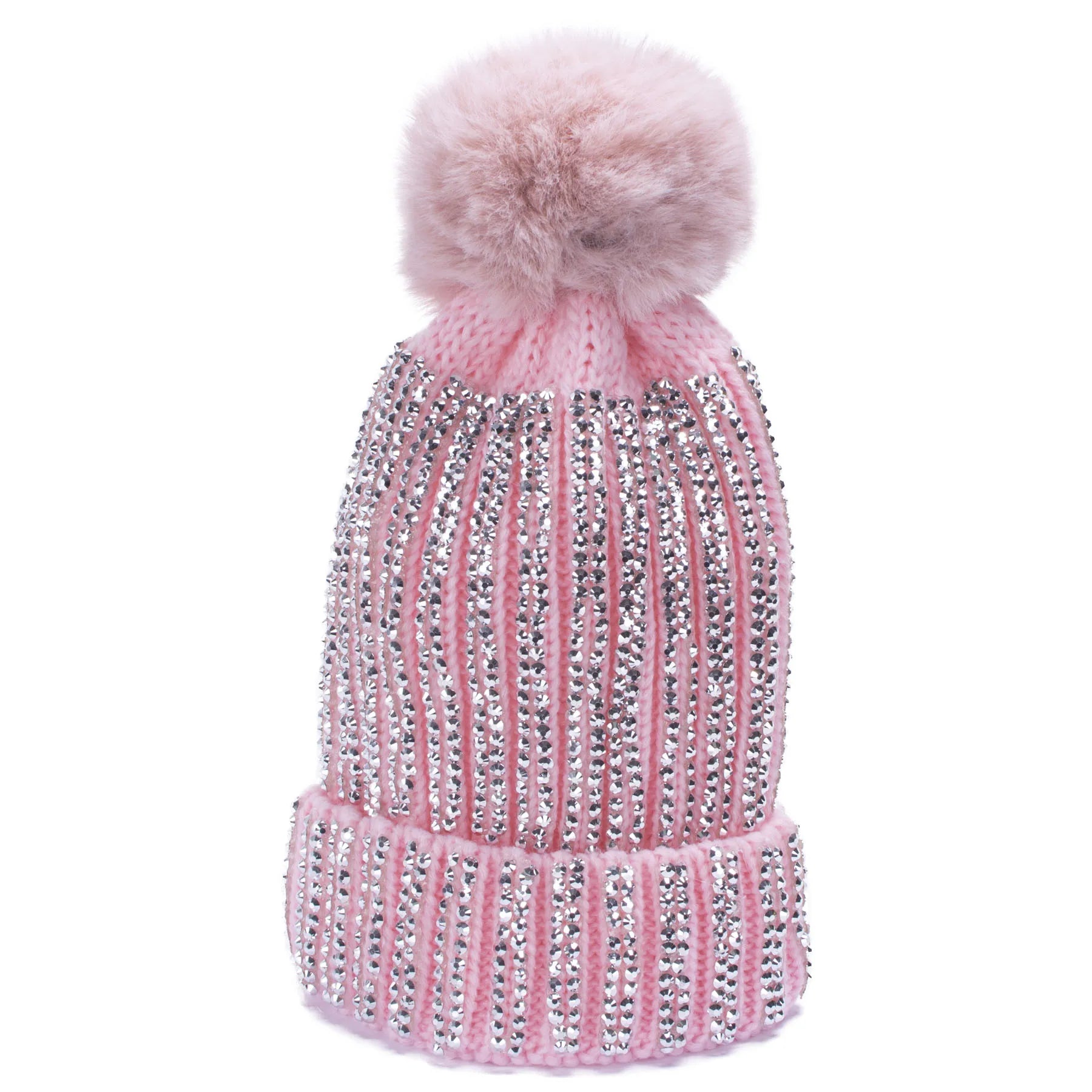 Winter Hats Faux Fur Pom Pom Rhinestone Bling Style Women Beanies Warm Knitted Skull Cap Pink