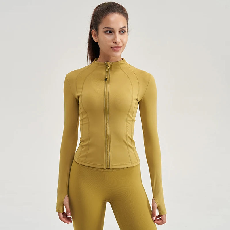 Gym Women's Full Zip Yoga Top With Thumbholes Fitness Running Jacket Stretch Fit Long Sleeve Round Neck-Top Sportswear