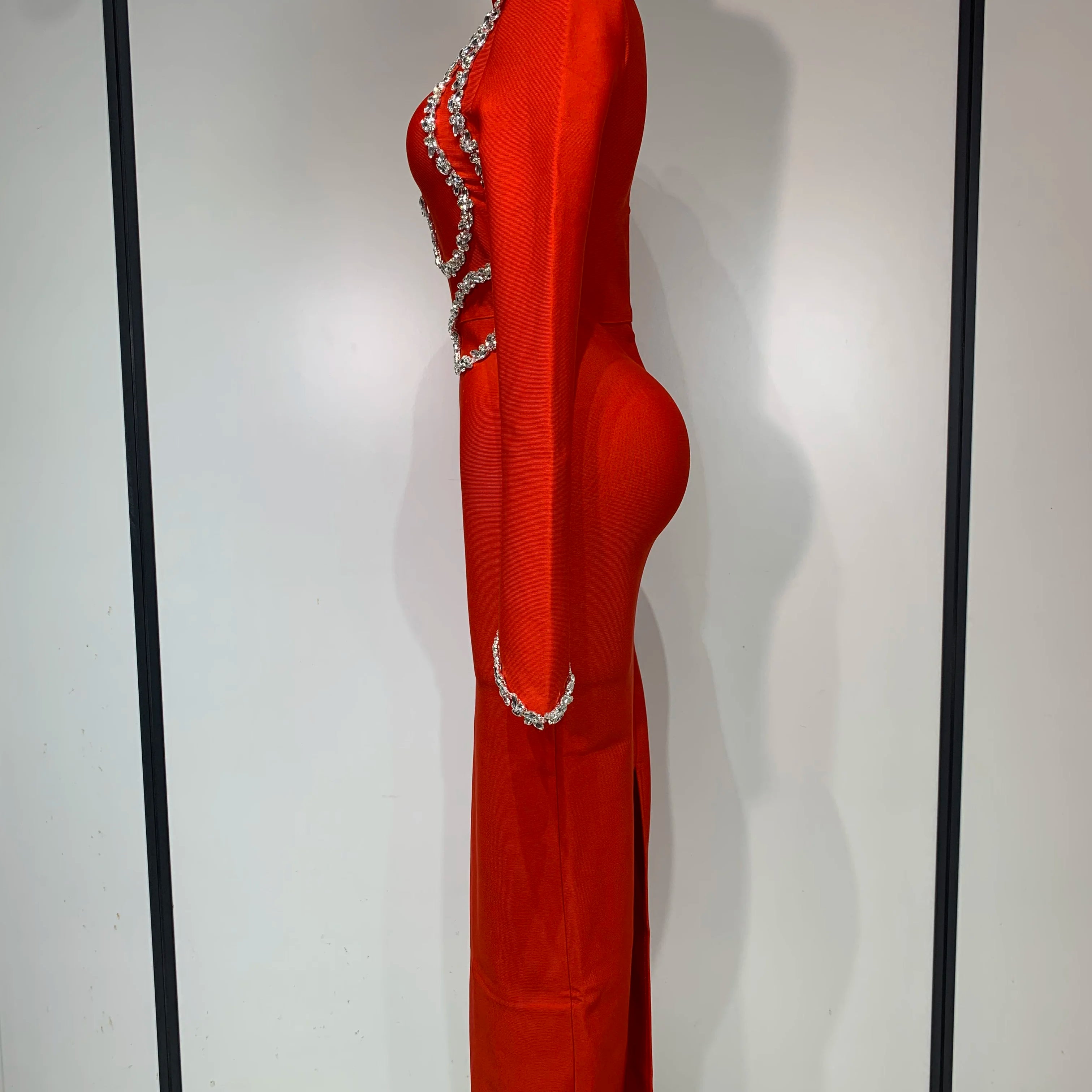 Vestido longo sexy feminino com manga comprida e diamantes, bodycon, bandagem, 2025, celebridade, elegante, festa noturna, luxo, vestidos de aniversário