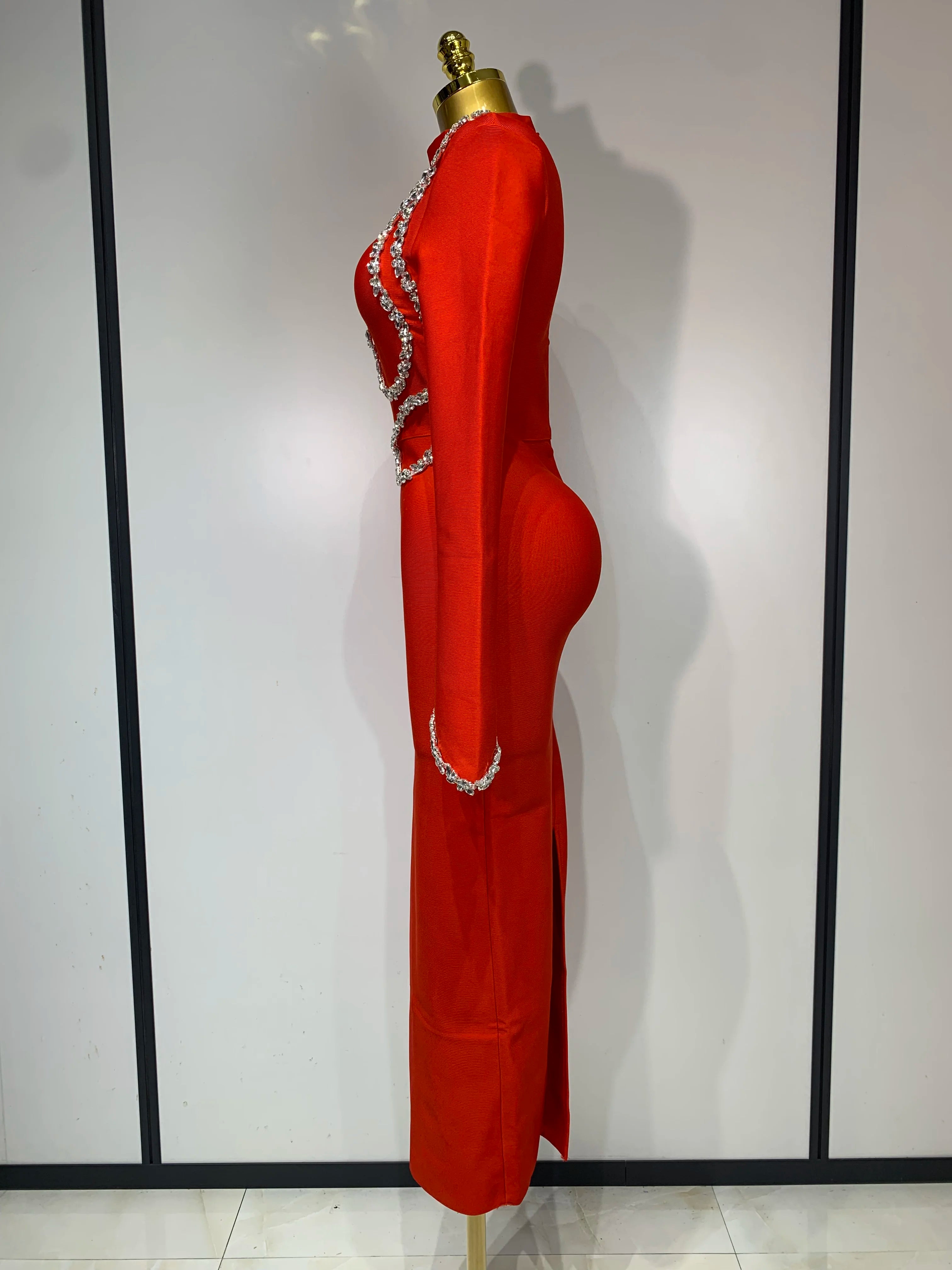 Vestido longo sexy feminino com manga comprida e diamantes, bodycon, bandagem, 2025, celebridade, elegante, festa noturna, luxo, vestidos de aniversário